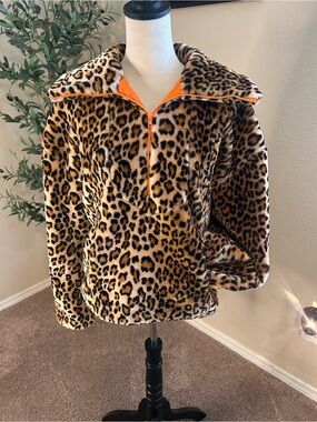 J.O.A Leopard Cheetah Faux Fur Pull Over 3/4 Zip Front